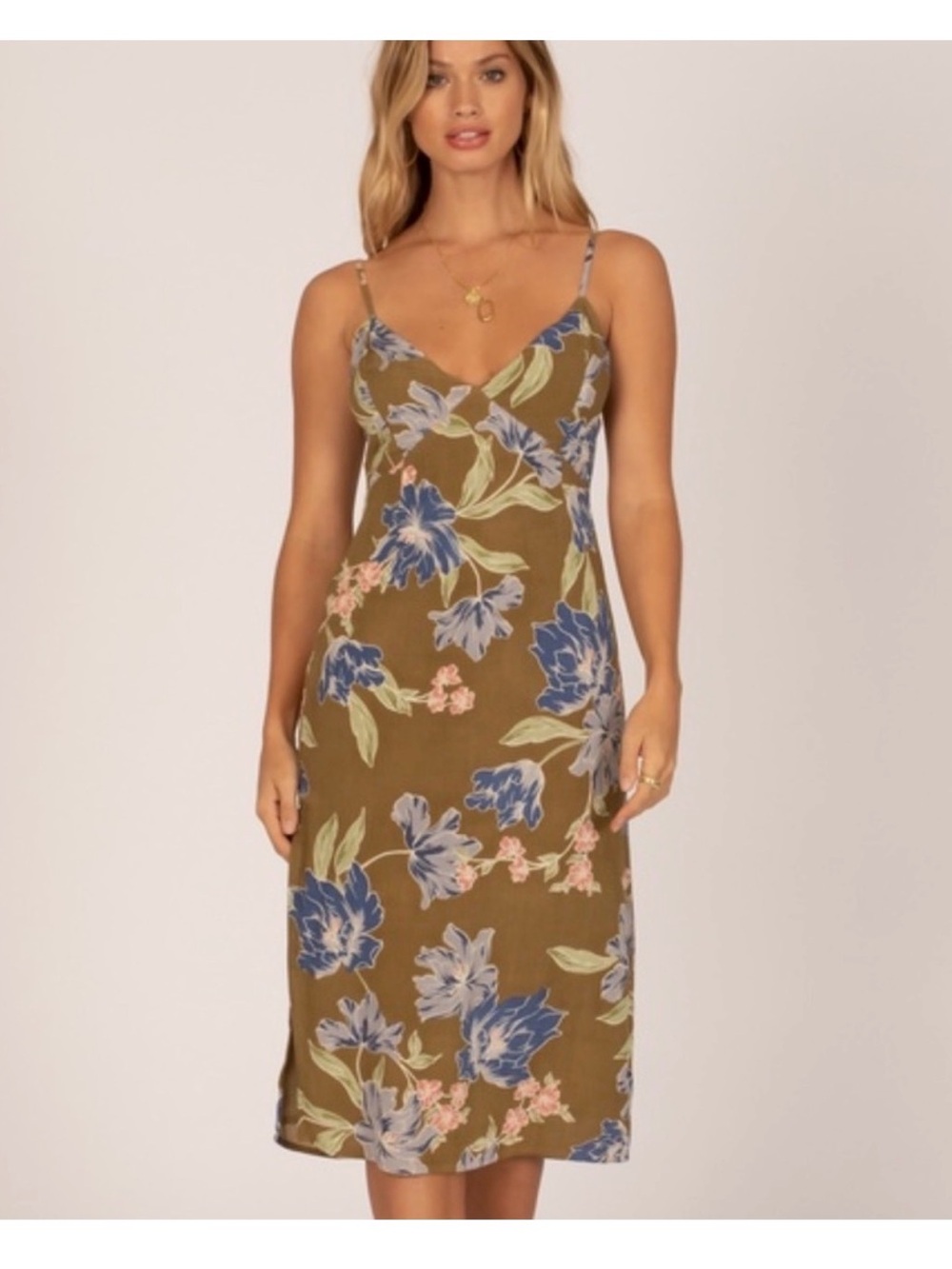 AMUSE SOCIETY ‘Bravado’ Slip Dress in Olive with Blue Blooms